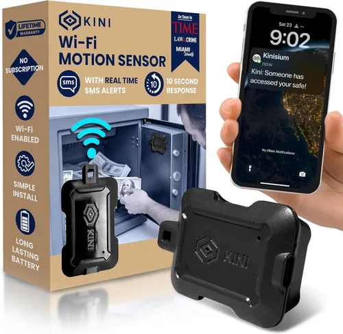 Kini Safe Alert - Alarma con sensor de movimiento Wi-Fi – Aplicación instantánea, SMS y alertas de correo electrónico – Cajas fuertes para armas,
