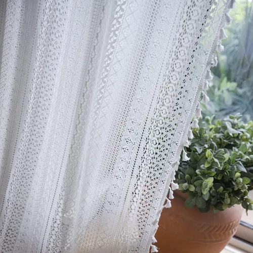 Miniatura 18 de Deeprove Cortinas bohemias para dormitorio, rayas huecas de ganchillo crema y estampado floral, tela de lino de algodón, con borlas beige bohemias