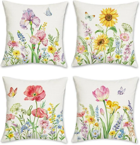 Miniatura 11 de Bonhause Juego de 4 fundas de almohada florales de 18 x 18 pulgadas, fundas de cojín decorativas de plantas silvestres, fundas de cojín decorativas