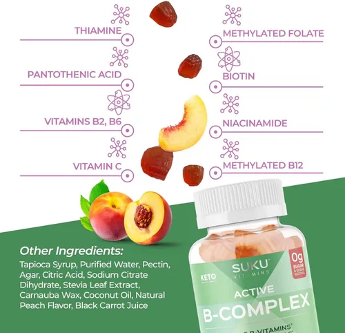 Miniatura 5 de SUKU - Gomitas de complejo de vitamina B con vitamina C – Suplemento de gomitas de complejo vegano de 8 vitaminas B sin azúcar aumenta el desarrollo