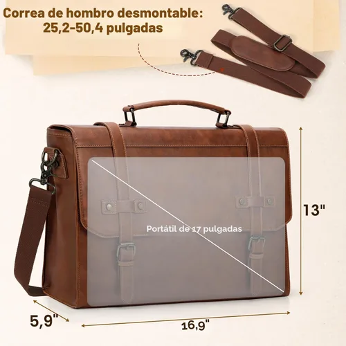 Miniatura 3 de RAINSMORE Bolsa de mensajero para hombre de 17 pulgadas, impermeable, de piel vintage, maletín para laptop, bolsa grande para laptop, bolsa de Marrón