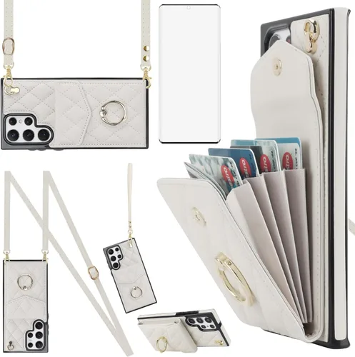Asuwish Funda de teléfono para Samsung Galaxy S22 Ultra 5G, funda tipo cartera con protector de pantalla de vidrio templado y anillo cruzado con