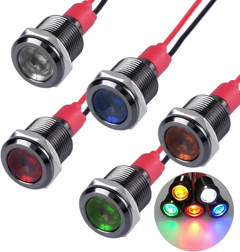 Miniatura 28 de 5 unidades de 0.236 in 12V-24V 20mA luz indicadora LED de metal de ahorro de energía, bisel cromado negro, orificio de montaje de 1/4 pulgadas