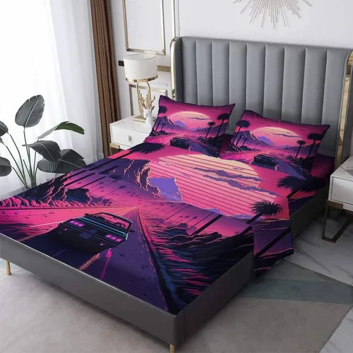 Miniatura 8 de Vaporwave Sheets - Juego de sábanas de tamaño individual, sábanas de cama de montaña neón y puesta de sol, microfibra suave con bolsillo profundo
