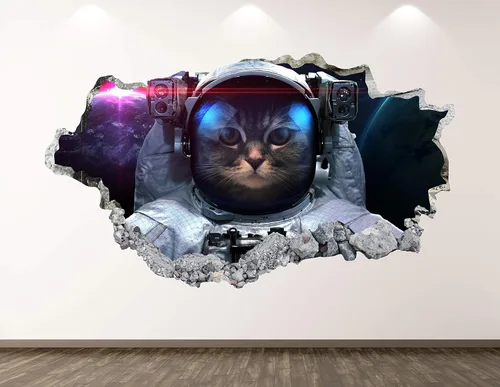 Calcomanía de pared de gato astronauta, decoración artística en 3D, póster para habitación de niños, mural personalizado, regalo BL203 (30 pulgadas