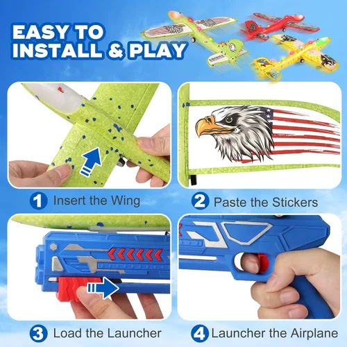Miniatura 5 de Paquete de 3 juguetes de avión lanzador para niños, avión planeador de espuma LED de 12.6 pulgadas, 2 aviones catapulta con modo de vuelo, juguetes