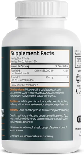 Miniatura 2 de Bronson Suplemento de vitamina K2 D3 (MK7) Fórmula sin OMG Vitamina D3 5000IU (125 mcg) y 90 mcg K2 MK-7, complejo D y K fácil de tragar, 360