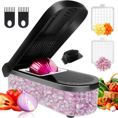 LHS Picador multifuncional de alimentos, cebolla, cortador de verduras, cortador de papas, picador de verduras con recipiente (4 en 1, negro)