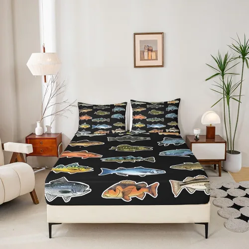 Miniatura 2 de Erosebridal Fishing Fitted Sheet Twin for Boys, Big Pike Fish Black Bed Sheets for Rustic Farmhouse Lake House Decor, Fishing Bedding Set Marine
