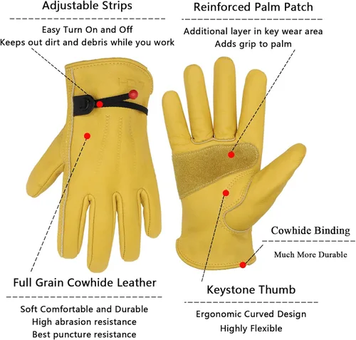 Miniatura 6 de HANDLANDY HLDD Leather Work Gloves for Men & Women, Adjustable Wrist Cowhide Gardening Glove with Reinforced Palm for Driver