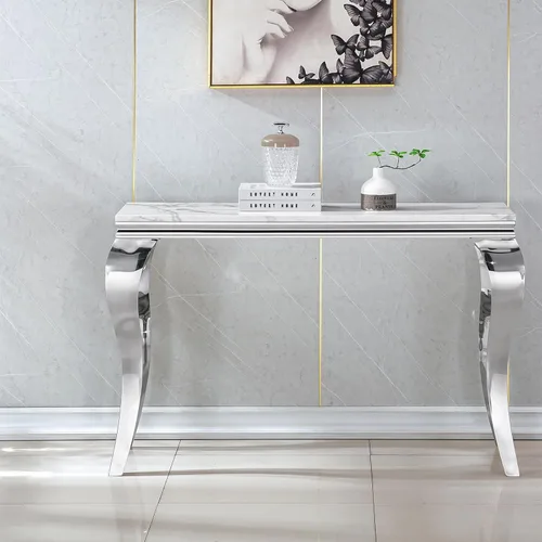 Miniatura 7 de Mesa consola moderna de cristal, mesa de sofá dorada de 55 pulgadas con marco de metal resistente y parte superior de vidrio templado negro