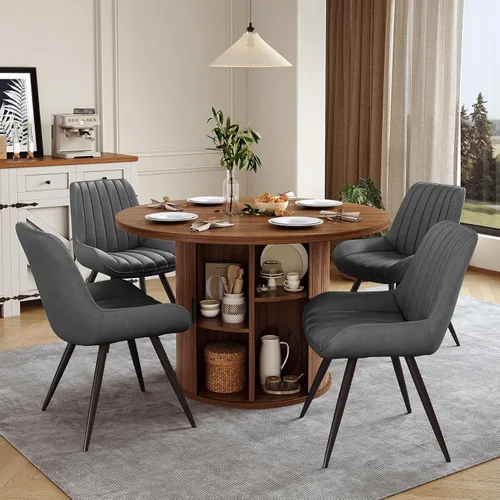 Miniatura 18 de Miereirl Juego de mesa y sillas de comedor moderno redondo, con una mesa de comedor de madera equipada con compartimentos de almacenamiento
