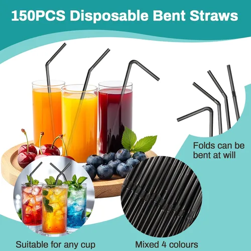 Miniatura 3 de 150 popotes desechables de plástico para beber, popotes flexibles, desechables, largos, coloridos, de plástico, a rayas, varios colores para uso