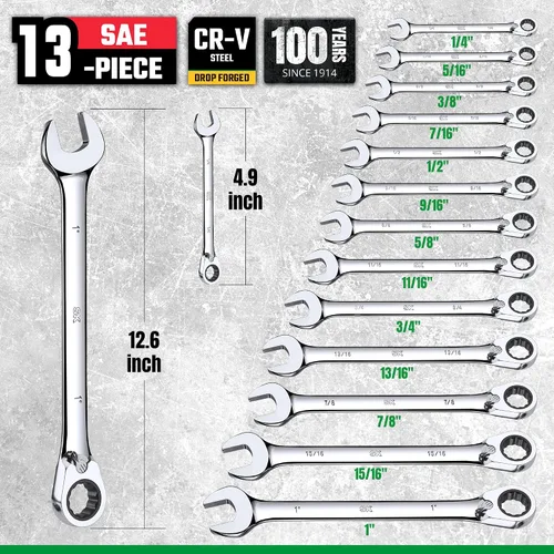 Miniatura 3 de SK Juego de llaves de trinquete reversibles, juego de llaves combinadas, 13 piezas, SAE de 1/4 a 1 pulgada, 72 dientes, construcción CR-V premium