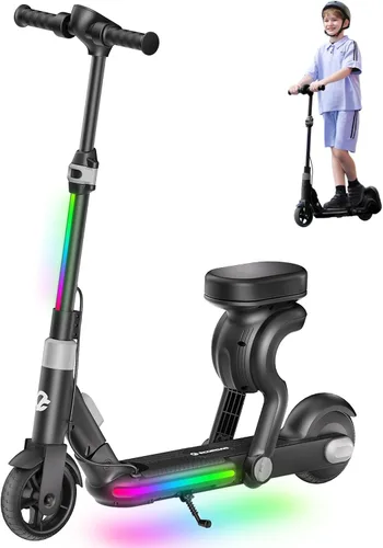 ECOROAD Scooter eléctrico 2 en 1 para niños EK8, motor de 200 W y rango de 9 millas, hasta 10 MPH, sistema de freno doble, música Bluetooth y altura