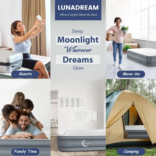 Miniatura 7 de LunaDream Eclipse Series Colchón de aire individual con bomba integrada recargable por USB, cama inflable inalámbrica, diseño duradero a prueba
