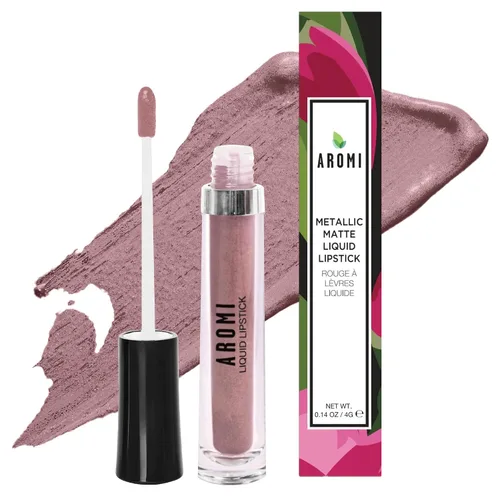 Miniatura 6 de Aromi Lápiz labial líquido metálico A prueba de manchas y de larga duración, marrón claro, color de labios tostado con acabado brillante, vegano