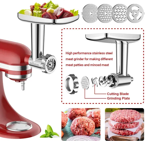 Miniatura 3 de Accesorios de acero inoxidable para molinillo de alimentos para batidoras de pie KitchenAid, incluyendo relleno de salchichas, acero inoxidable