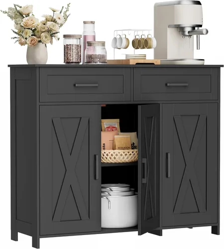 Miniatura 3 de Homhedy Aparador de buffet, gabinete de almacenamiento de barra de café con cajones y puertas, armario de cocina de granja con estantes ajustables
