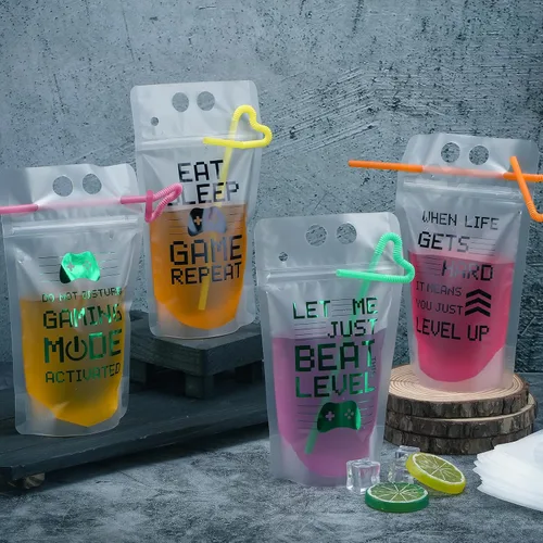 Miniatura 4 de 24 bolsas de plástico transparente para bebidas con pajitas, bolsas reutilizables para decoración de cumpleaños, videojuegos, fiestas, regalos