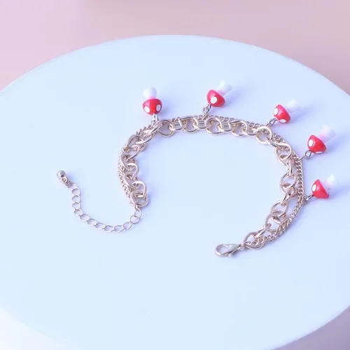 Miniatura 4 de Rrdaily Tobillera de doble capa con forma de hongo, bonita pulsera de hongo rojo, pulsera combinada para mujeres y niñas, Sin gemas.