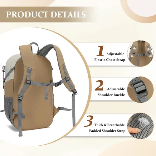 Miniatura 7 de Mochila de senderismo para hombres y mujeres, mochila de viaje ligera de 25 litros para acampar al aire libre Blanco y marrón