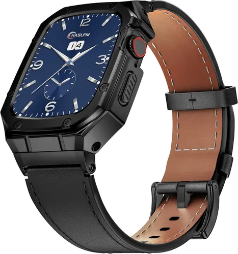Funda de acero inoxidable y correa de cuero compatible con Apple Watch Series 9, 8, 7 (1.61 pulgadas), 6 5 4 SE3/2/1 (1.575 pulgadas), Series 3 2 1