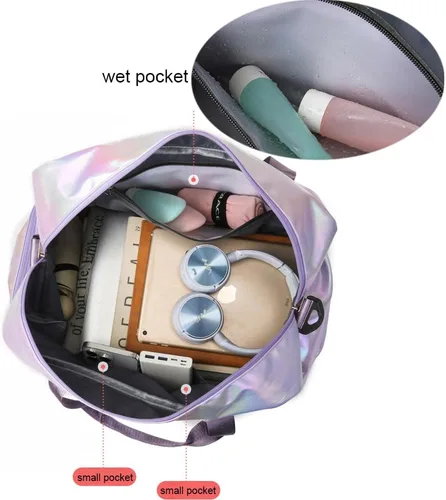 Miniatura 4 de Bolsa de lona holográfica brillante para gimnasio con compartimento para zapatos y bolsillo húmedo, bolsa de viaje para mujer para fin de semana
