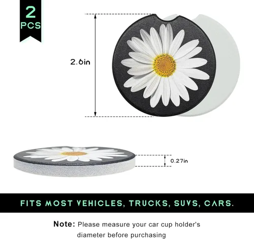 Miniatura 2 de Paquete de 2 posavasos para portavasos de coche, posavasos de cerámica absorbente con inserto para taza de margarita con muesca para el dedo, lindos