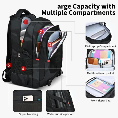 Miniatura 4 de Mochila ligera de camuflaje negro, compartimento para portátil de 15-17 pulgadas, para escuela, universidad, viajes, Casual