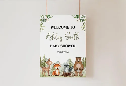 Miniatura 29 de Cartel de bienvenida de baby shower, cartel de bienvenida editable con texto en inglés "It's a Girl Woodland", letrero de bienvenida de baby shower