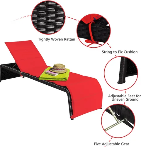 Miniatura 5 de DORTALA Tumbona para exteriores, silla reclinable de ratán ajustable de 5 posiciones con asiento acolchado y pies ajustables, muebles de sofá Rojo