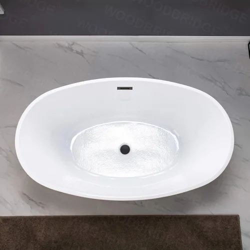 Miniatura 10 de WOODBRIDGE Bañera de acrílico independiente de 55 pulgadas, bañera blanca de remojo contemporáneo con desbordamiento y drenaje negro mate, B1418