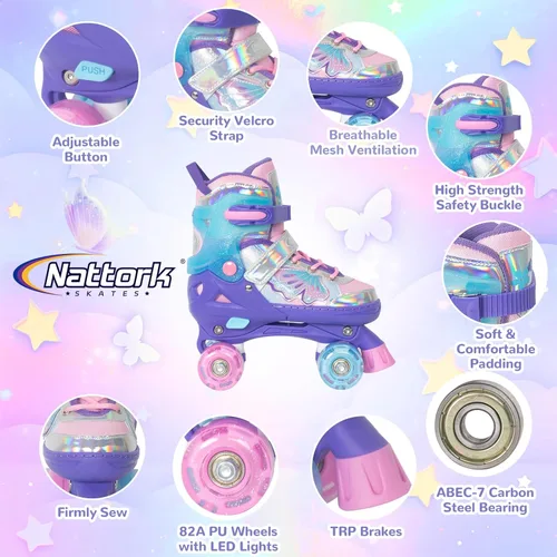 Miniatura 3 de Nattork Patines de Ruedas para Niñas y Niños, Patines Cuádruples de 4 Tamaños Ajustables con Diseño de Mariposa y Flor con Todas las Ruedas