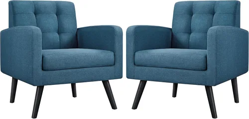 Yaheetech Sillas de acento de mediados del siglo, silla moderna tapizada para sala de estar, sillón acogedor con respaldo abotonado y patas de Azul