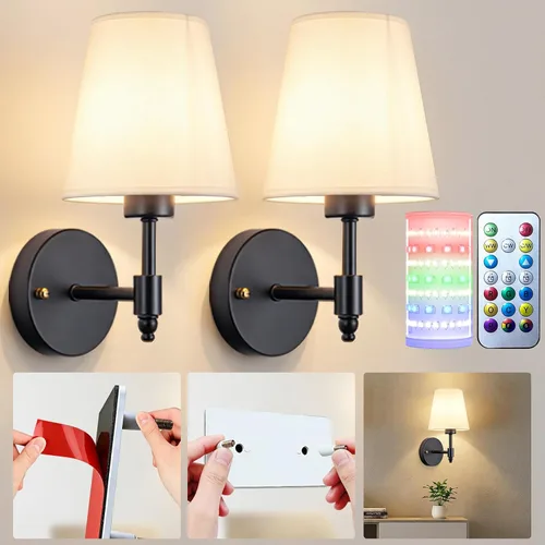 Juego de dos apliques de pared accionados por batería, luz de pared inalámbrica con bombilla magnética recargable RGB de 10000mAh, aplique de pared