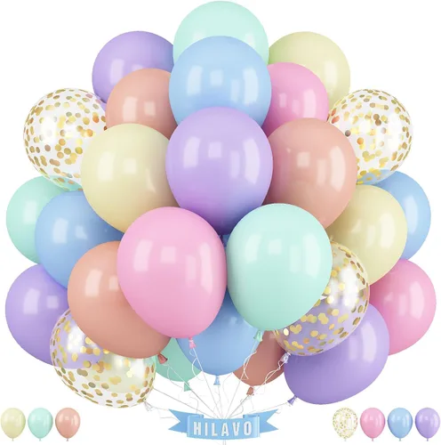 Globos pastel de 12 pulgadas, 35 globos de arcoíris pastel multicolor, juego de globos de confeti de color macarrón y dorado para niñas, Pascua, Oro