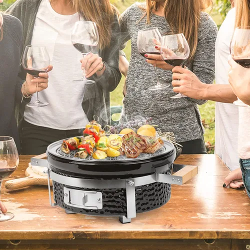 Miniatura 8 de ONLYFIRE GRILLS Parrilla de carbón Hibachi de cerámica con elevador de rejilla, parrilla Yakitori portátil de 14 pulgadas con rejilla de acero