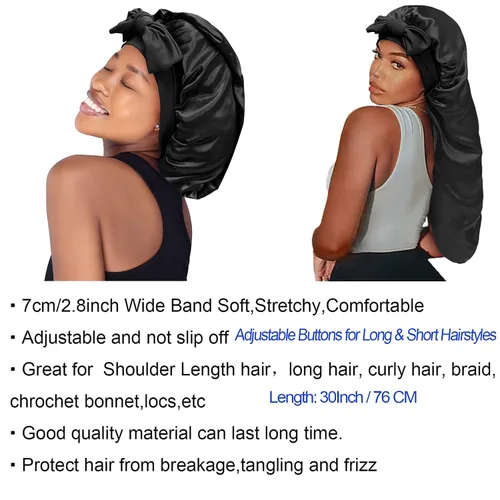 Miniatura 4 de Gorro de seda satinada para el cabello: gorros largos con banda de amarre elástica, correas ajustables, tamaño jumbo para dormir cómodamente, gorros