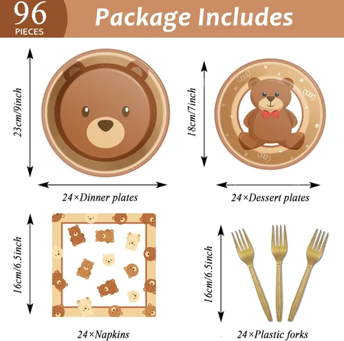 Miniatura 2 de 96 piezas de platos de fiesta de baby shower con tema de oso, decoraciones con texto en inglés «We Can Bearly Wait», vajilla para bebé con tema