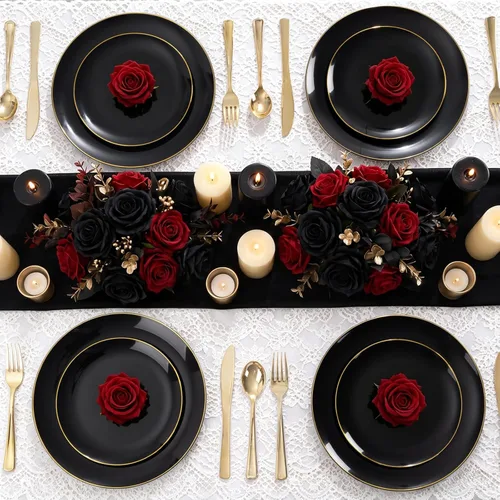 Miniatura 6 de YOUBET 125 piezas de platos de plástico negros y dorados - Platos desechables negros con borde dorado - Incluye 25 platos de cena, 25 platos