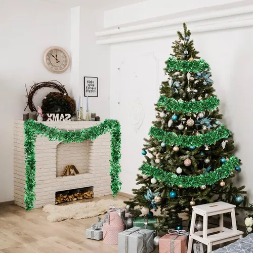 Miniatura 6 de VESPRO Guirnalda metálica verde para árbol de Navidad de 59 pies con purpurina para decoración de interiores y exteriores