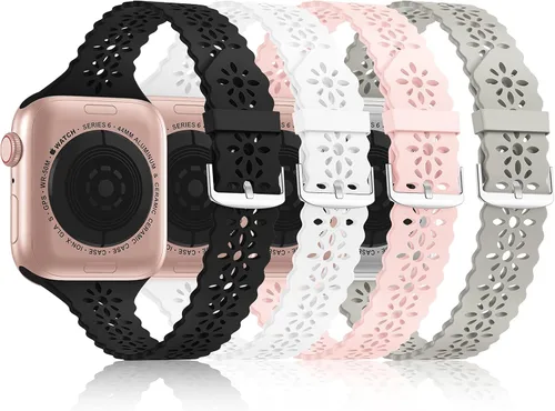 Bandiction - Paquete de 4 correas de silicona de encaje compatibles con Apple Watch de 38mm 40mm 41mm 42mm 44mm 45mm 46mm 49mm, correa delgada y
