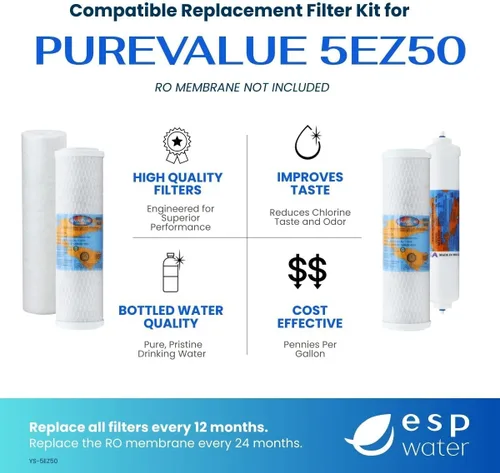 Miniatura 2 de PureValue 5EZ50 - Kit de repuesto de filtro RO compatible con sistema de filtración de agua potable de ósmosis inversa debajo del fregadero