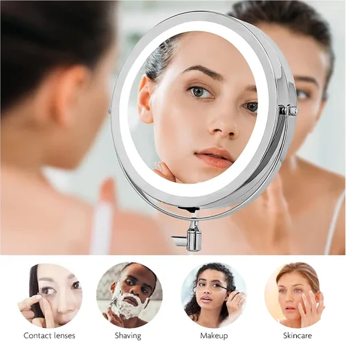 Miniatura 9 de Espejo de maquillaje iluminado OVENTE de 6.8" montado en pared, aumento 1X y 7X, LED doble cara ajustable y redonda, brazo extendible, retráctil