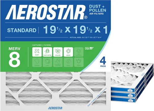 Aerostar 19.5 x 19.5 x 1 MERV 8 – 4 unidades – Filtros plisados de alta eficiencia para HVAC, horno y aire acondicionado – Elimina el polvo, pelusa,