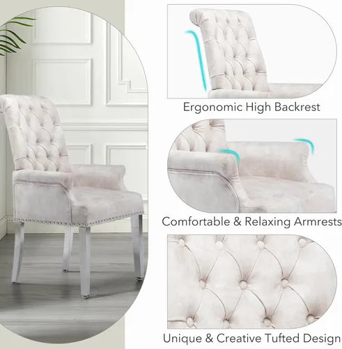 Miniatura 5 de LOULENS Lujosas sillas de comedor de terciopelo, sillas de comedor modernas tapizadas con capitoné, sillas de comedor con reposabrazos y patas