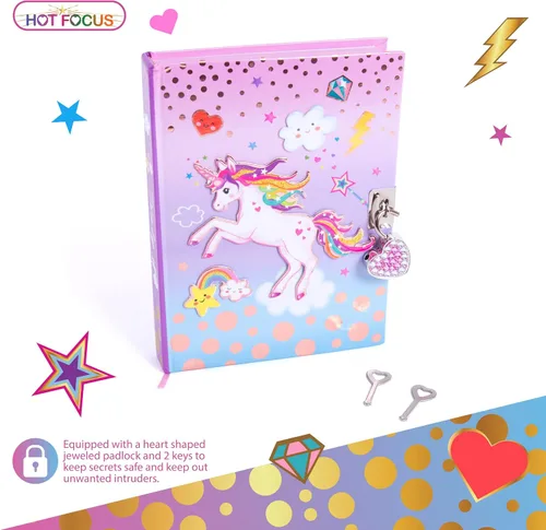 Miniatura 2 de Hot Focus Diario secreto de unicornio con candado, cuaderno de 7 pulgadas con 300 páginas forradas de doble cara, candado y dos llaves para niños