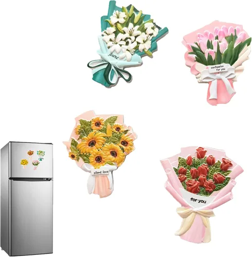 4 imanes de flores para nevera, imanes fuertes y divertidos para nevera, resina decorativa 3D, imanes creativos de tulipán, girasoles y rosas