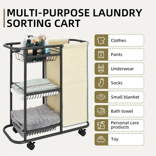 Miniatura 4 de Cesta de lavandería con 3 cestas de almacenamiento y bolsa de 45 L, carrito de lavandería resistente con ruedas y asa, ahorro de espacio, Beige